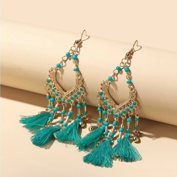 Gold 4/$25 Turquoise Beaded Tassel Drop Earrings - Picture 3 of 3